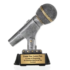 Custom Engraved Microphone Trophy, Silver - Speaker or Vocal Award - 6 Inch