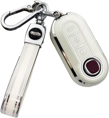 Couduan Fiat 500 Key Fob Cover TPU Case Shell w/ Luxury Keychain White Silver