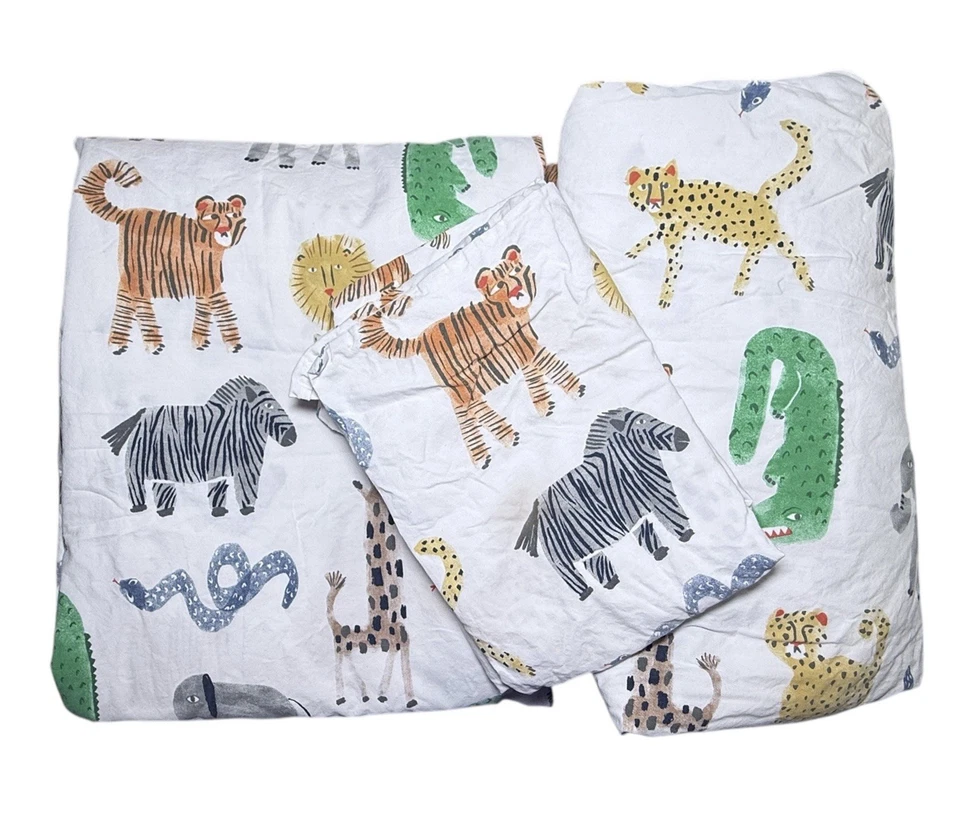 Pottery Barn 儿童床单套装愚蠢野生动物园动物全有机棉异想天开 — 第 2/4 张图片