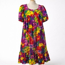 Vintage Abstract Floral Button House Dress Size S Multicolor Muumuu Flounce Hem
