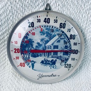 Vtg Currier & Ives Wall Thermometer White Blue Winter Sleigh Scene Outdoor MCM