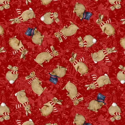 HENRY GLASS & CO. Henry Glass - Joyful Snowmen - Tossed Bunnies - Red, Fabric BTY