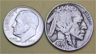 Lot of 2 Coins- 1 90% Silver Roosevelt 10c (1960D) & 1 Better Buffalo 5c (1936P)