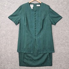 KSL Karin Stevens Dress Women's Green 20W Beaded Embroidered Vintage 2-pc Look