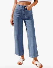 Women's Size Medium High Waist Straight Wide Leg Cropped Denim Jeans Medium Wash