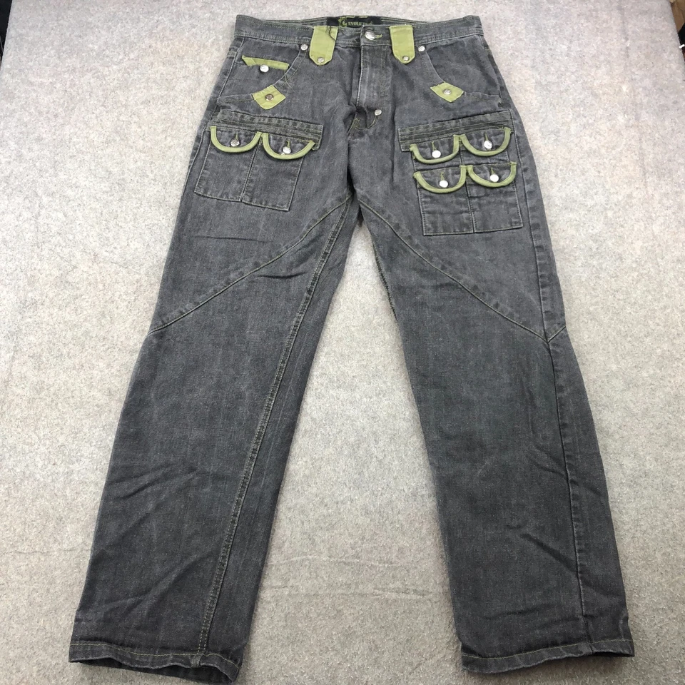 Pantalones de mezclilla Evolution In Design para hombre 36x34 negros lavados verdes bolsillos holgados Y2K Hip Hop Foto 2 de 4