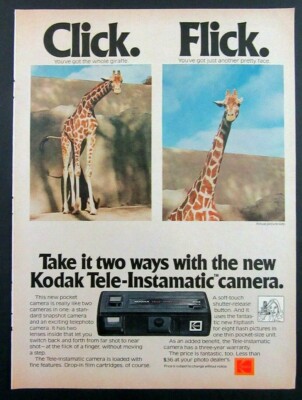 1975 KODAK Tele-Instamatic Camera Magazine Ad - Click. Flick.