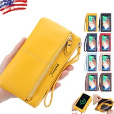 Women Leather Wristlet Wallet with Touch Screen Cell Phone Holder Zip Handbag US