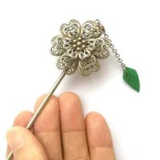 Collection Old Chinese Tibet Silver Jade Hand-made Flower Hairpin Hair L 17.5 CM