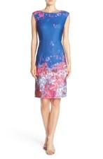 ADRIANNA PAPELL Floral Print Scuba Sheath Dress Women's Blue Size 8 Above Knee