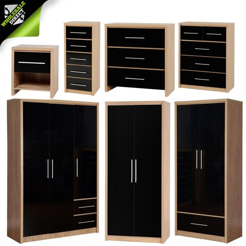 BLACK SEVILLE WARDROBE BEDSIDE DRESSING TABLE CHEST OF DRAWERS