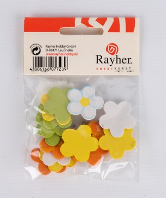 Rayher Holzblumen 2,5 cm 16 Stück Blau/Weiss Gelb Orange Grün NEU OVP Deko