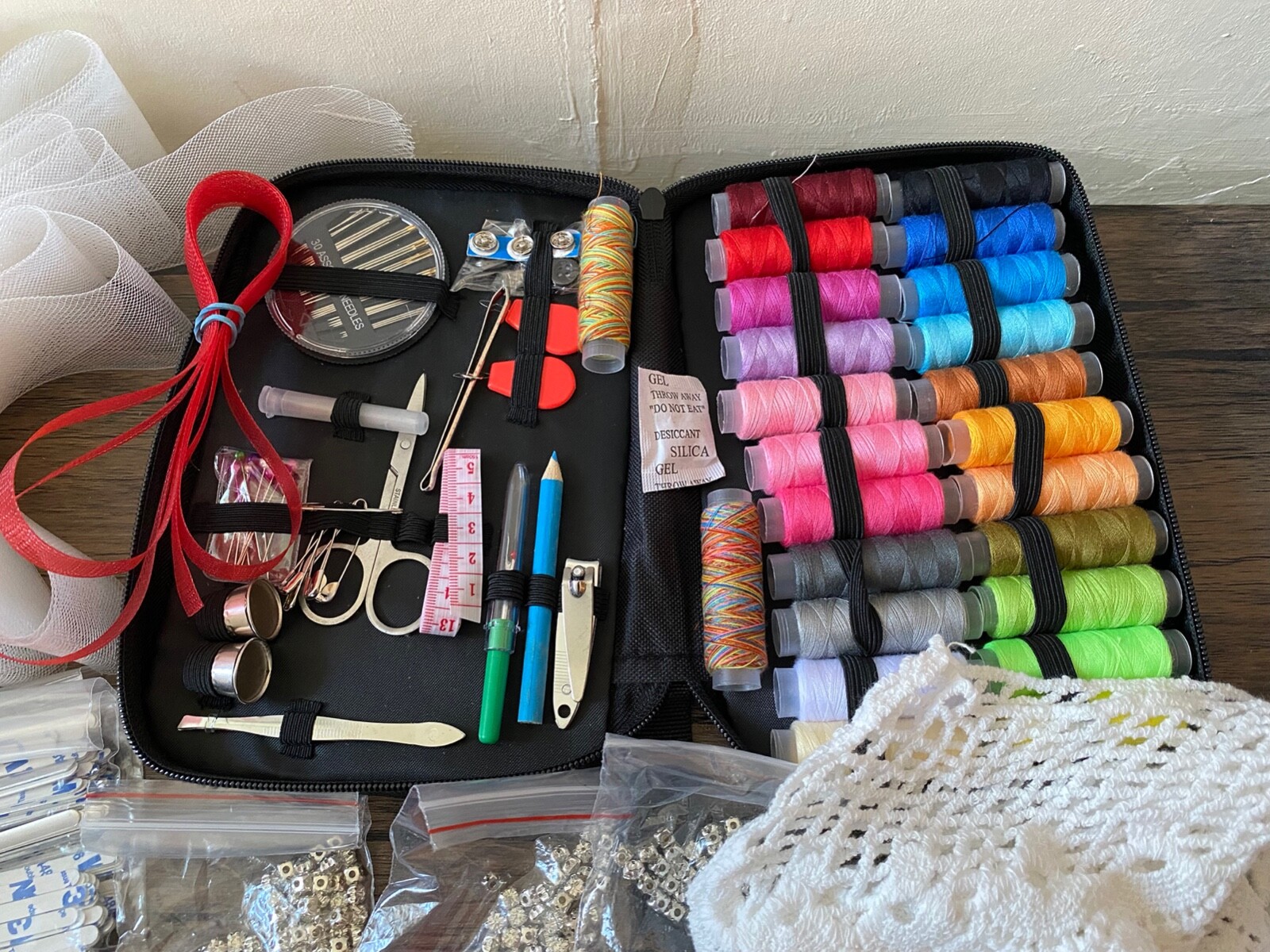 Job lot 23pcs home sewing kit case lace appliques rhinestones headbands