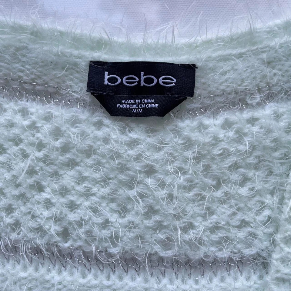 Vintage Y2K Bebe Eyelash Knit Fuzzy Mint Green Silver Open Knit Sweater Size M - Image 4 of 4