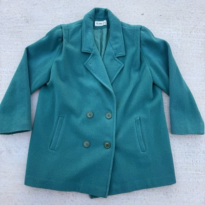 Vintage Herman Kay Trench Coat Women Petite Size 10 Teal Wool Double Breasted