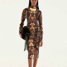 NEW FARM Rio Black Berry Garden Tulle Midi Dress Mesh Fitted Black Size XL