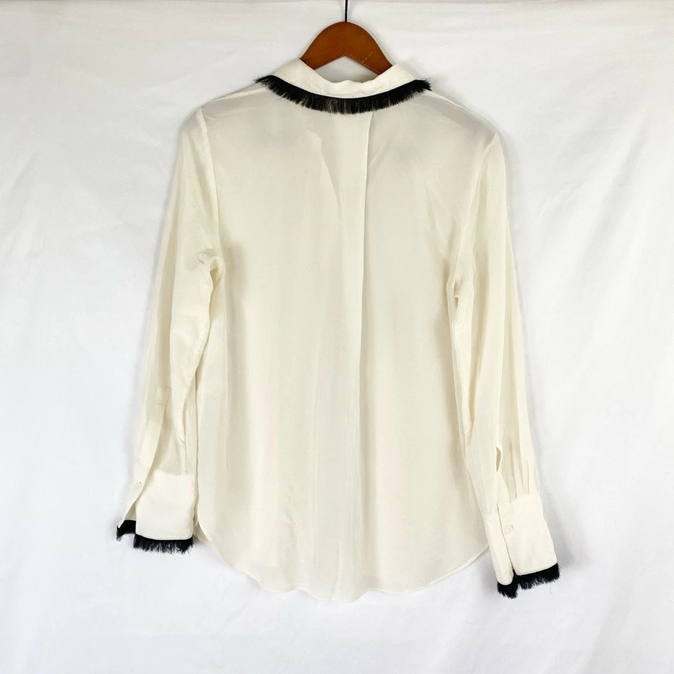 Malene Birger Silk Fringe Trimmed Top Collared Ivory Long Sleeve Button Down - Image 3 of 4