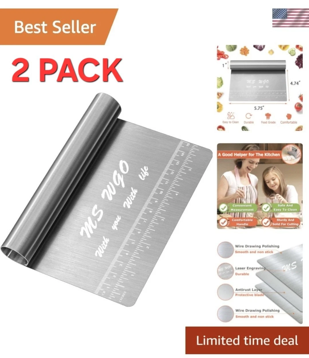 Pro Dough Pastry Scraper/Cutter/Chopper Stainless Steel Mirror Polished with ...
Opens in a new wind