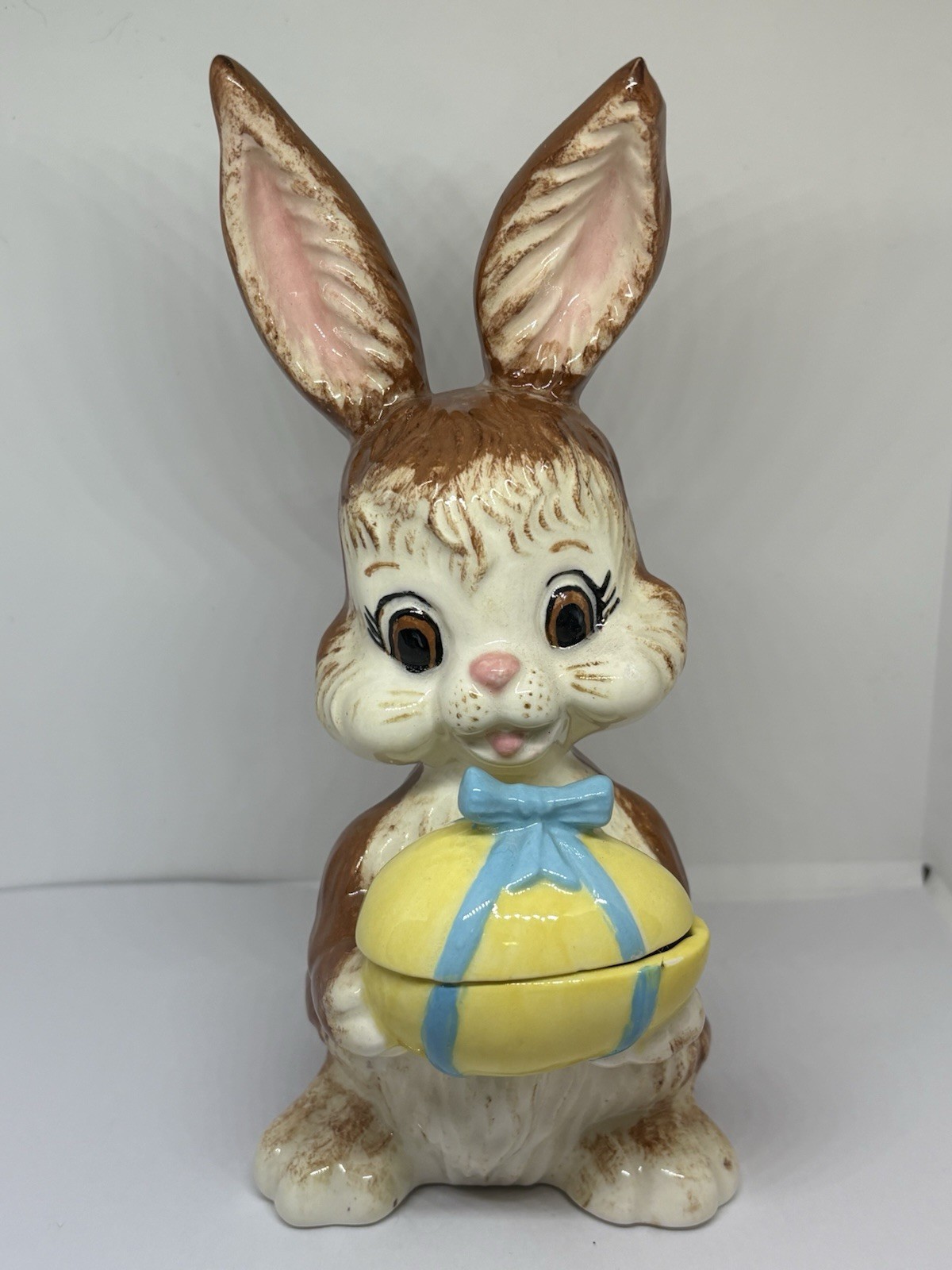 VTG Figurine Painted Kitschy Bunny Rabbit Holding Egg Trinket Box With Lid 7