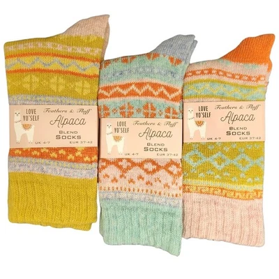 FEATHERS & FLUFF 3 Pairs Ladies Alpaca Nordic Wool Blend Socks Size 4-7 Assorted