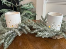 Holiday Ceramic Ivory Embossed Bird Votives W/Faux Pine Branches, Set Of 2