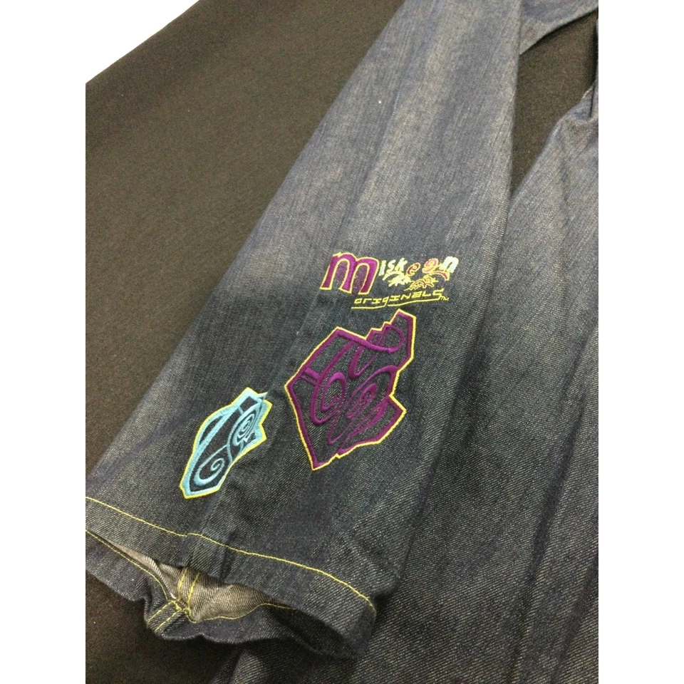 Miskeen JEANS MEN sz 42 DARK WASH EMBROIDERED POCKETS FLARE LEG - Image 3 of 4