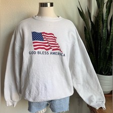 Vintage God Bless America Flag Sweatshirt USA Patriotic Pullover White XL