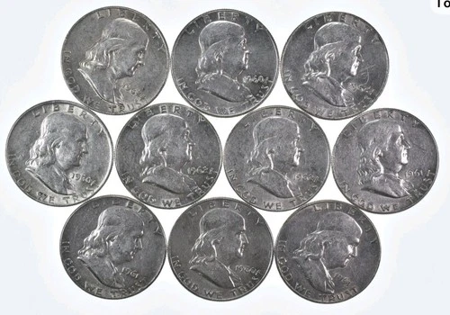 10 AU/Unc BU 1960/1961 1962/Franklin Half Dollar Coin Lot Silver 1/2 Roll