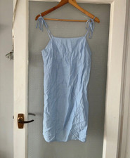 H&M Blue Slip Dress Square Neck Tie Strappy Sleeveless Knee Length Size S