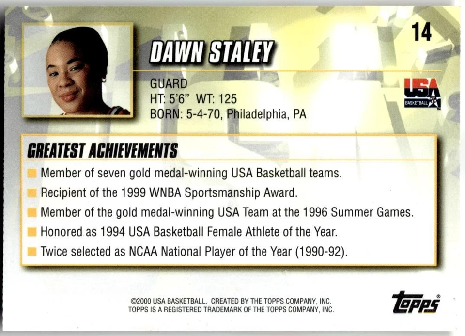 2000 Topps Team USA #14 Dawn Staley - Image 2 of 2