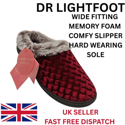 LADIES DR LIGHTFOOT WIDE FITTING MULE SLIPPER BURGUNDY HARD WEARING MEMORY FOAM