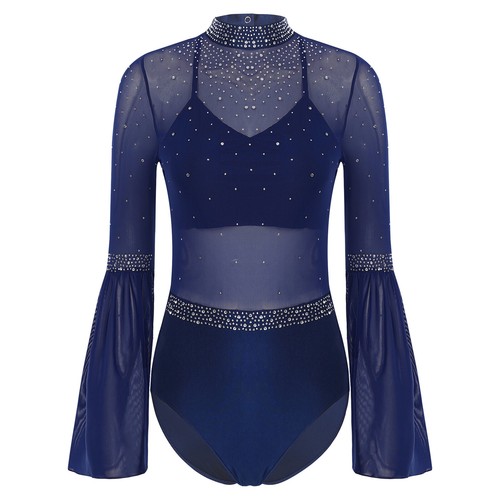 Womens Sheer Mesh Patchwork Leotard Rhinestone Bodysuit Dancewear Gymnastics - Picture 10 of 82