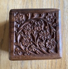 Vintage Hand Carved Small Wooden Jewelry Trinket Box India Wood 4  x 4  