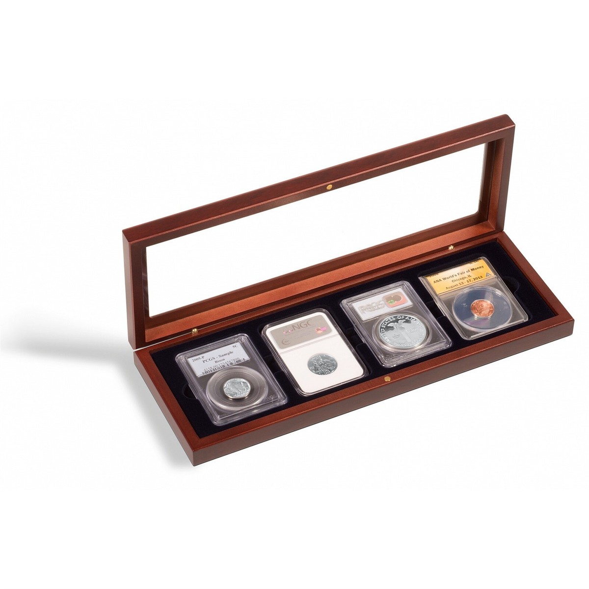 Lighthouse スラブケース 4枚収納用（NGC/PCGS対応） Lighthouse 4 SLABS Glass Top Mahogany Box Presentation Display