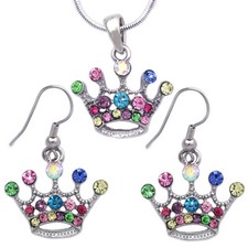 Princess Crown Colorful Tiara Pendant Necklace Hook Earrings Jewelry Set s2037h