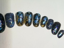 press on nails hand painted sparkly butterflies falsenails handpainted blue gold