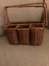 Rattan Wicker Basket Utensil Organizer Tropical Coastal Vintage Flatware Caddy
