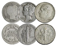 3 DIMES 90% SILVER! Mercury, Barber, Roosevelt! 1 of Each Type! Random Date/Mint