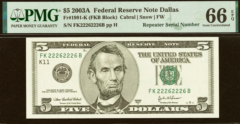 2003A $5 Federal Reserve Note PMG 66EPQ - Fancy Repeater Serial Number 22262226 - Image 2 of 3
