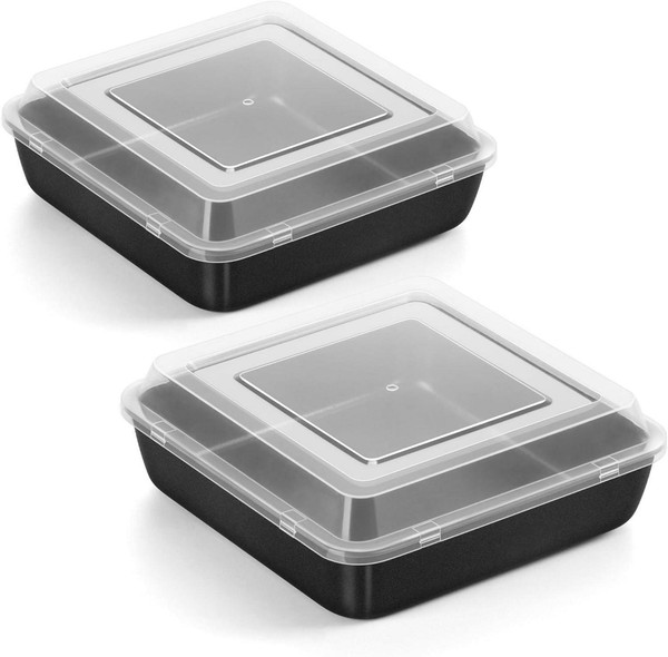 Quadratische Kuchenform 2Er Set Edelstahl 21X21X5Cm Luftdichter Deckel-image
