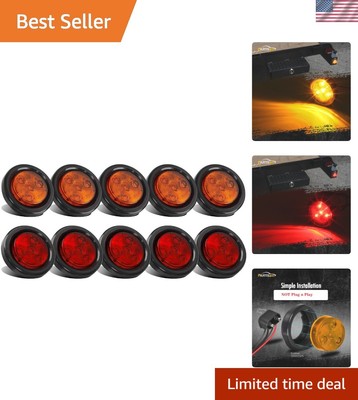 10Pack5 Amber + 5 Red 2'' 4LED Round Trailer Side Marker Light Grommet Flush M...