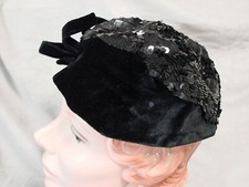 Vintage 30s 40s Hat Cap Velvet BLACK SEQUINS Wired BOW VGC S Beret