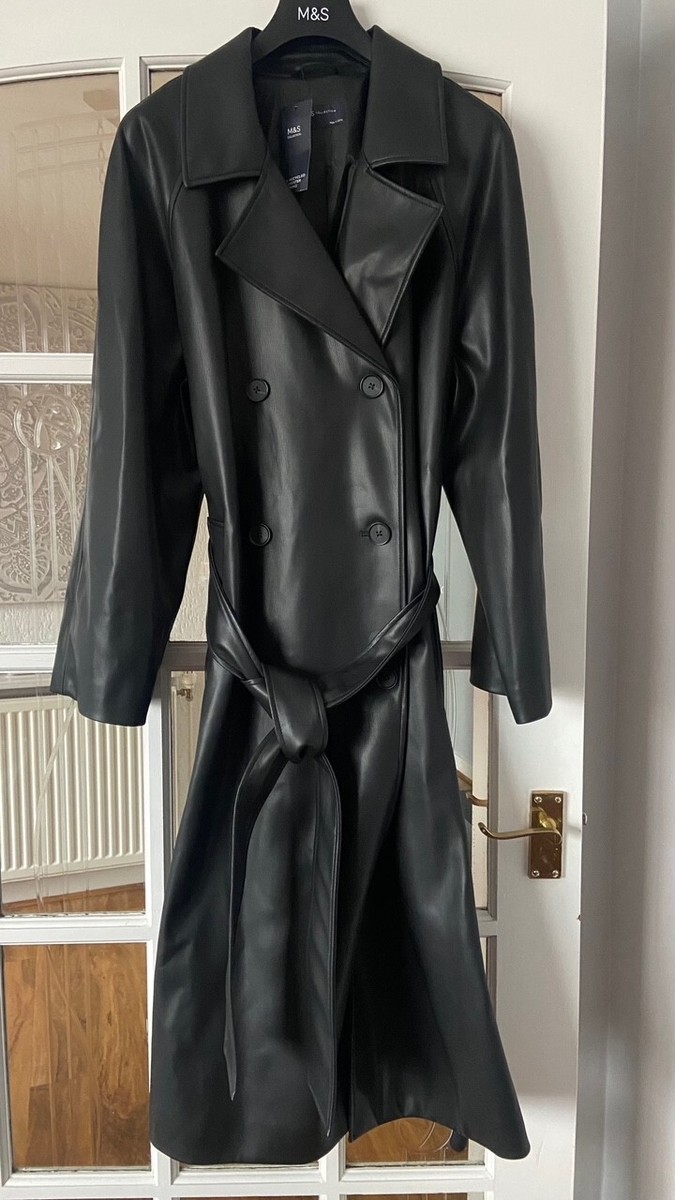 Stylish BNWT M&S black faux leather belted trench coat 16 20