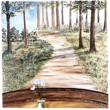 Nature Trail Window View Art 20" Flower Vase Trees Trail 70s Oil Paint Path Hike