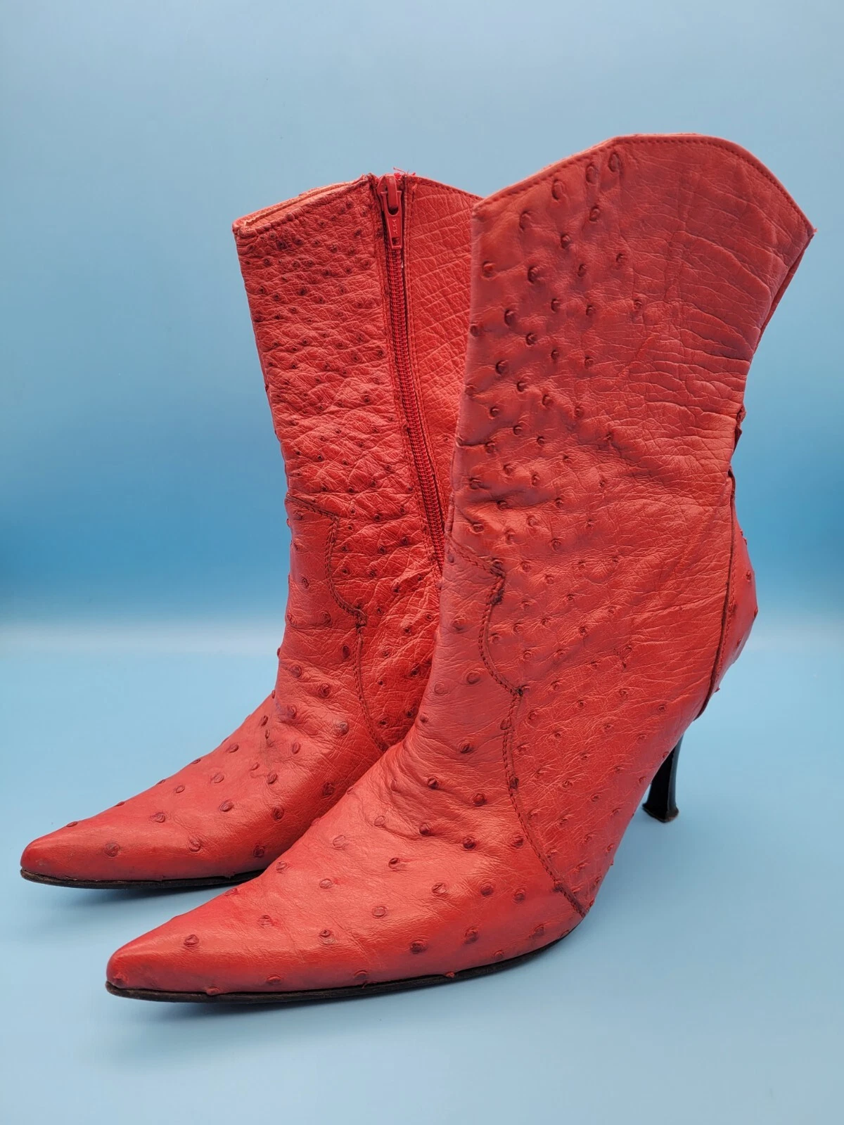 Red Leather Ostrich Boot Heels By Lady Camp Womens 8.5