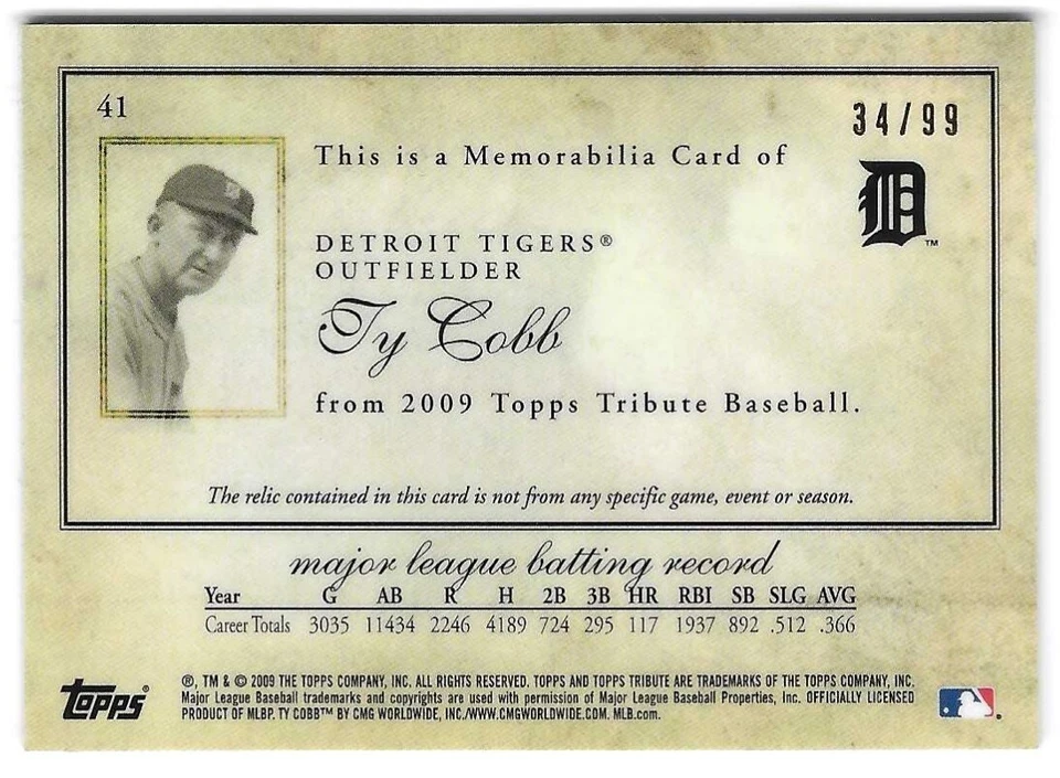Tarjeta de reliquia de murciélago usada juego tributo Topps TY COBB 2000 "TIGRES PATIO" ¡RARA #34 de 99! Foto 2 de 2