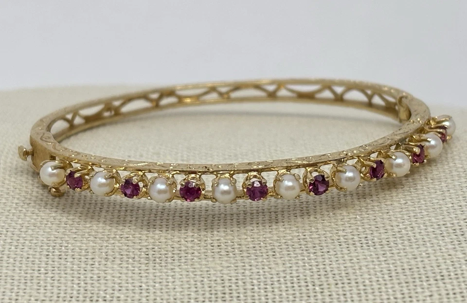 14K Ruby & Seed Pearl Yellow Gold Bangle Hinged Bracelet Youth Small - Image 4 of 4