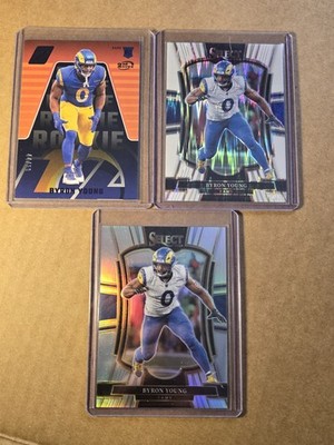 Byron Young RC /50, Select White Shock/799, Select Silver Prizm Rams Zenith 