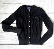 Vtg Polo Ralph Lauren Girls 8-10/Medium Cardigan Sweater Cable Knit Black