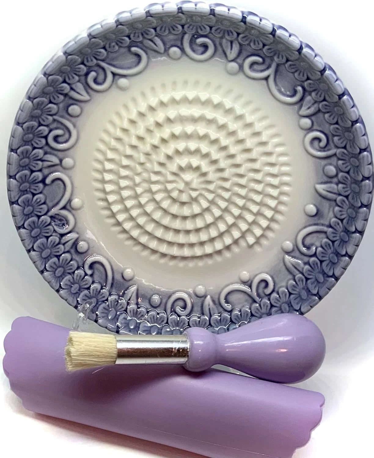 , All-In-One Premium Ceramic Garlic Grater Plate 4-Piece Set - Purple Embossed D
